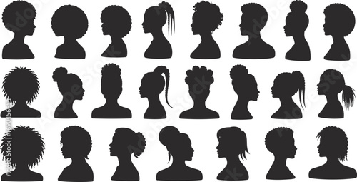 Collection of diverse black woman silhouette profiles, curly hairstyles, natural hair styles, female head vectors, side and back view portraits, beauty icons, hair diversity set