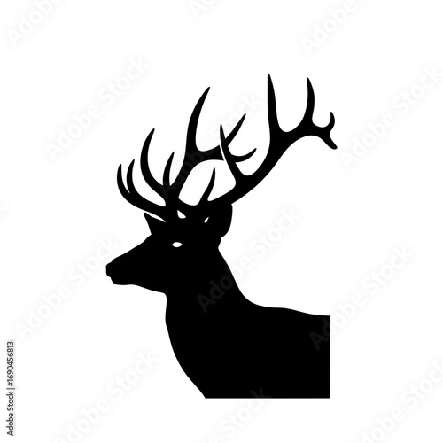 Silhouette of a deer's head and antlers, profile view.