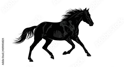 A sleek black horse with a flowing mane and tail trotting gracefully on a white background.