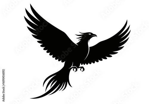Silhouette of a majestic phoenix with outstretched wings, soaring gracefully against a white background.
