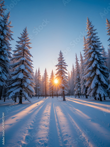 Early snowfall sunset in a winter forest park, snow covered trees, play of light, shadows on the snow, and colors. Beauty of the cold season. Blue sky background