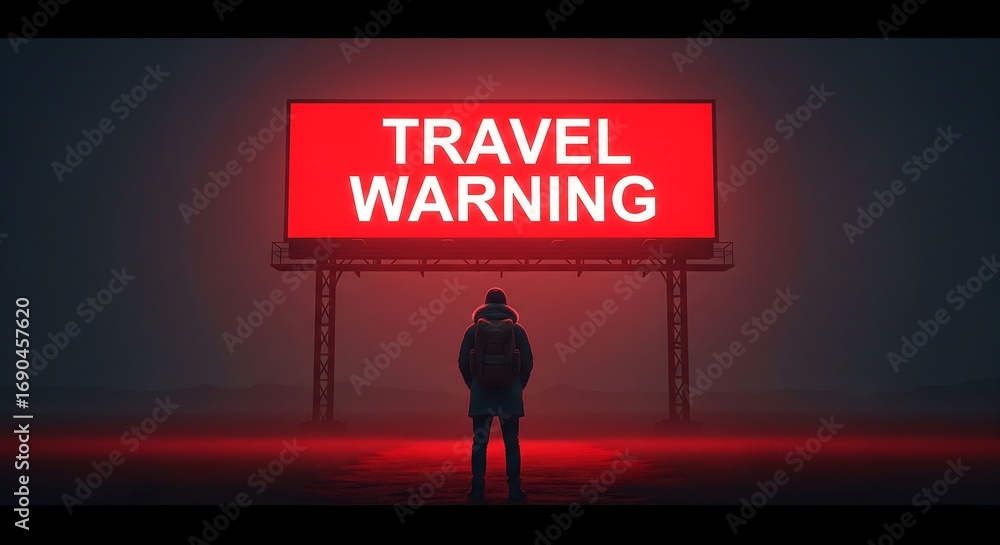 Fototapeta premium Travel Warning Billboard and a Lonely Figure in the Mist, informative advertisement, news