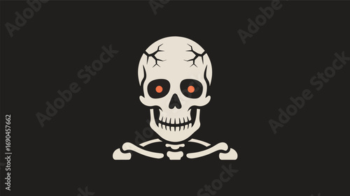 A stylized graphic illustration of a human skull and crossbones in a striking silhouette against a dark background evoking a sense of danger or mystery