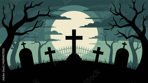 Spooky halloween graveyard scene with tombstones and bare trees against a large full moon in a dark eerie night silhouette