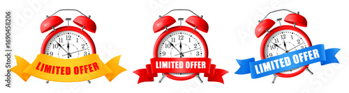 Limited offer sticker with red alarm clock and ribbon. Advertising for sale, super promo or exclusive deal. Great offer one day sales and timer. Last minute chance auction tag. Vector illustration