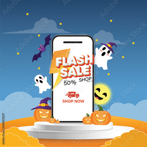 Halloween party invitation banner with a spooky landscape background. Vector graphic featuring a haunted house, graveyard, pumpkins, and bats for the October 31st celebration