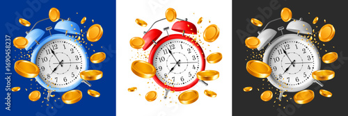 Red, blue and white Alarm Clock and gold Coins. Time is money concept. Time management. Business investments concept. Fast money, earnings, cash back. Isolated 3D vector illustration set