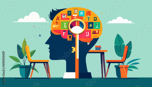 Human head with key unlocking brain vector concept for mental health and cognitive function turquoise and orange color palette
