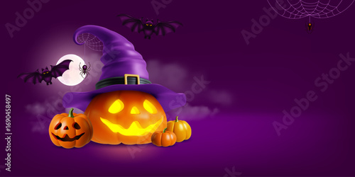 Happy Halloween greeting card, banner with place for text. 3d pumpkin with witch hat and carved funny face, bats, mystical moon and fog made a creepy vibes of Halloween night. Vector illustration