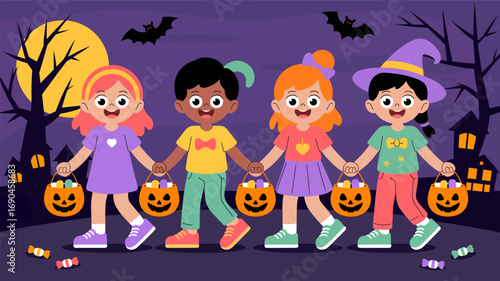 Four diverse happy children in halloween costumes holding hands with jack o lanterns and candy around them silhouette