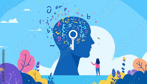 Human head silhouette filled with letters and key surreal art small figure standing below problem solving concept