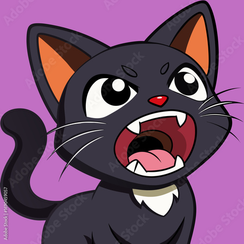 Vector art of an angry cartoon black cat with its mouth open and showing its tongue on a purple background, looking up to the right side