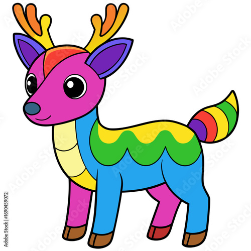 Illustration of a colorful deer with rainbow stripes and a yellow belly, standing on a