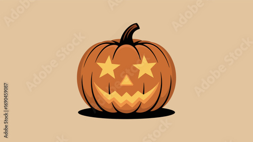 A glowing carved halloween pumpkin with a spooky face and star eyes illuminated from within presented in a distinctive silhouette style