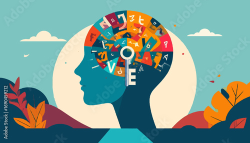Human head silhouette with alphabet pieces and key unlocking potential mind concept high quality professional