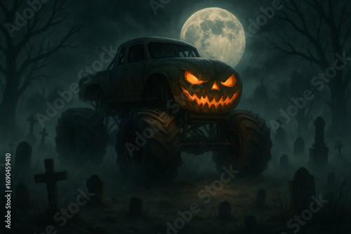 Haunted Monster Truck in a Spooky Graveyard under Full Moon