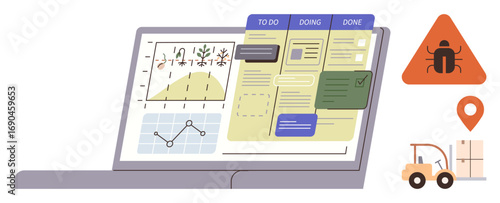 Wallpaper Mural Workflow tracking, graphs, task stages on laptop with bug alert, map pin, and forklift transporting package. Ideal for workflow, organization, logistics, task management productivity analytics Torontodigital.ca