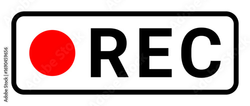 Flat vector REC recording icon with red indicator dot on an outlined black rounded rectangle for video, streaming, and camera interfaces.