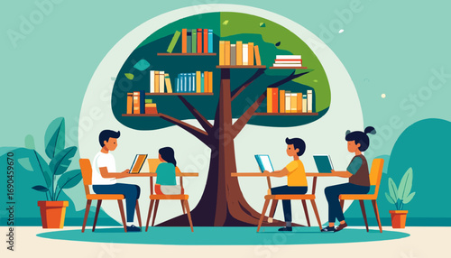 People studying together Tree shaped bookshelf Learning environment Educational concept high quality professional