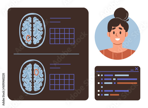 Brain scan data with highlighted areas, patient portrait, and analytical charts. Ideal for healthcare, neurology, diagnosis, medical research, innovation technology education. Modern simple flat