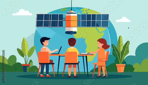 People working at table with satellite orbiting earth global communication concept vector high quality professional