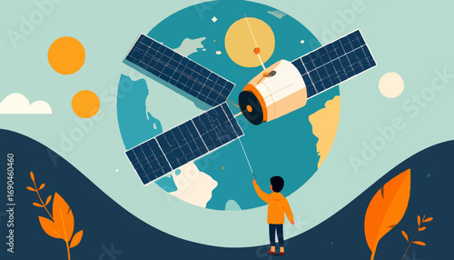 Satellite orbiting earth with child reaching up stylized digital art space exploration future technology