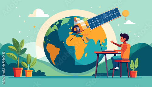 Boy using laptop with earth globe and satellite vector global communication concept high quality professional