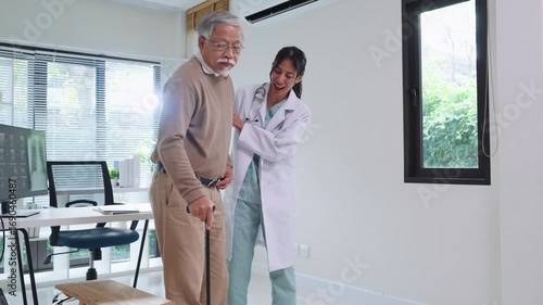 Doctor examining senior patient for osteoarthritis and knee pain during orthopedic checkup in hospital