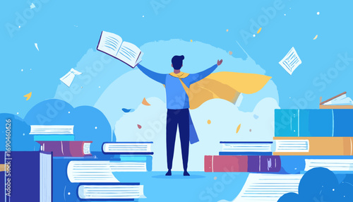 Man with book wearing cape standing on books stack knowledge power concept high quality professional