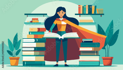 Superwoman reading book in library with cape and bookshelves education empowerment high quality professional