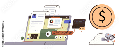 Open laptop with content templates, video player, code editor, analytics chart, and cloud storage. Ideal for content creation, web design, digital marketing, analytics monetization programming