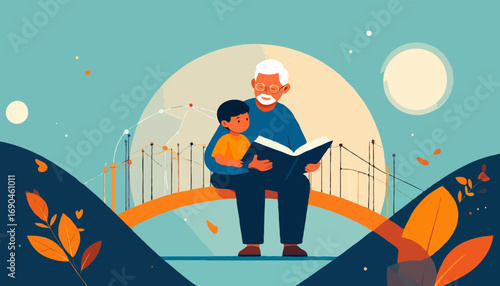 Grandfather reading to grandson warm color palette bridge in distance family love high quality professional