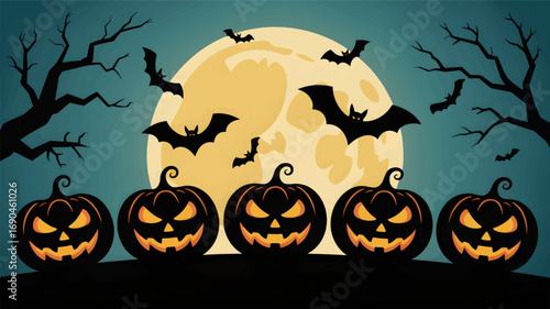 Spooky halloween night scene with glowing jack o lanterns and flying bats against a large full moon silhouette