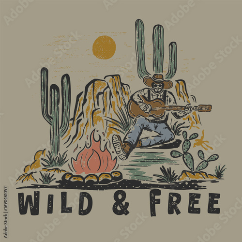 cowboy singing song with guitar vector illustration, country music artwork for t shirt, sticker, poster, graphic print, western desert night vector drawing, MyRealHoliday, country fes