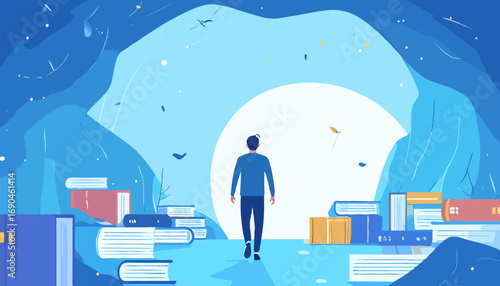 Man walking towards bright light in cave surrounded by books knowledge and opportunity concept high quality professional