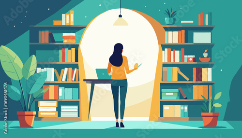 Woman working at desk in library bright interior books and plants cozy home office high quality professional