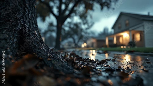 Rainy streetscape with dark tree and blurred house