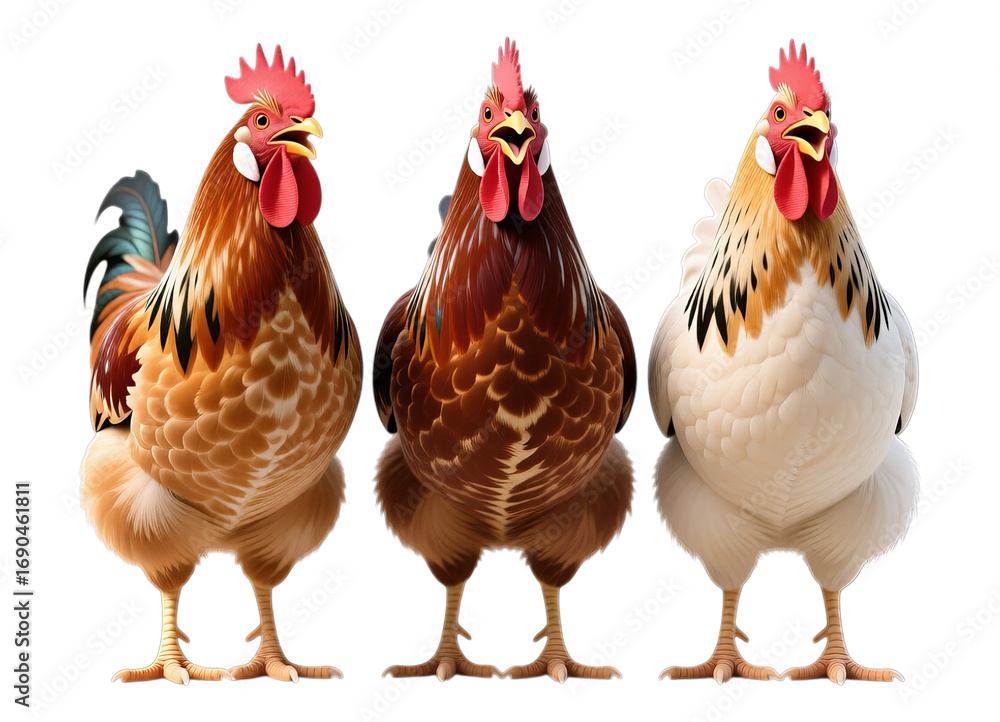 Fototapeta premium Three Brown and White Roosters with Red Combs, 3D Realism Illustration with Transparent Background
