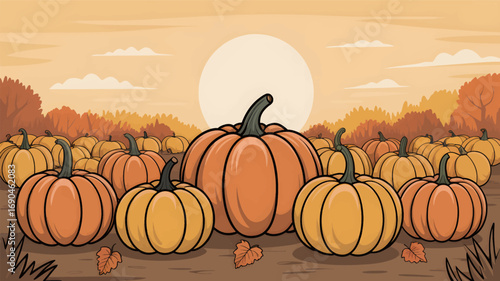 A vibrant autumn harvest scene featuring a field of pumpkins in silhouette against a warm sunset sky with trees and fallen leaves