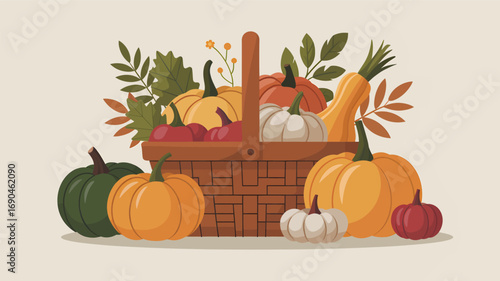 Harvest bounty in a rustic woven basket with pumpkins gourds carrots and autumn leaves silhouette