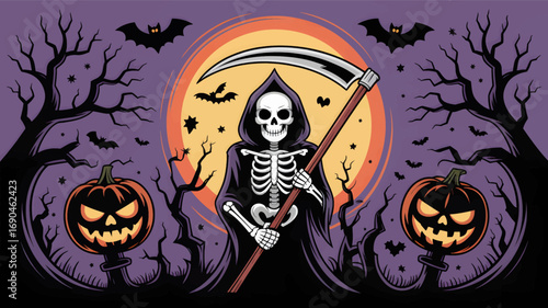 Spooky halloween scene with a grim reaper skeleton holding a scythe between jack o lanterns and barren trees against a full moon silhouette