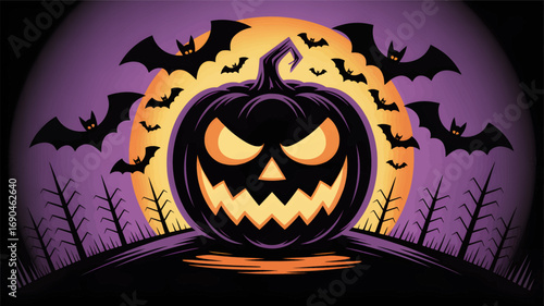 Spooky halloween jack o lantern silhouette with glowing eyes and mouth against a full moon and flying bats silhouette