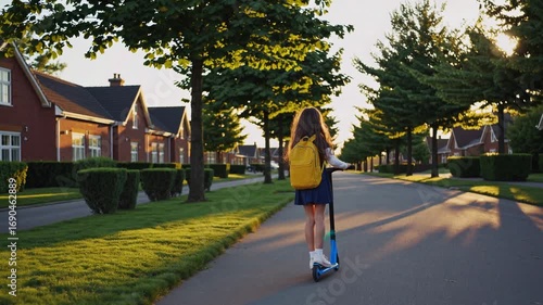 Wallpaper Mural Young girl riding scooter on quiet suburban street. She has long brown hair and yellow backpack. There are houses and trees along road. Schoolgirl on her way to school. Back to school. Torontodigital.ca
