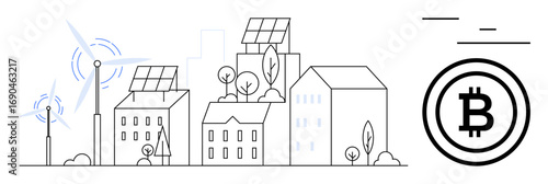 Buildings with solar panels, wind turbines, trees, and a Bitcoin symbol. Ideal for sustainability, green technology, renewable energy, blockchain, eco-finance innovation simple landing page