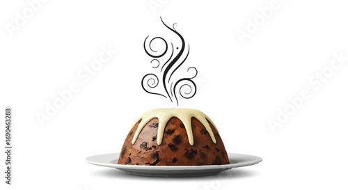 Warm festive pudding with sweet white sauce and aromatic steam, perfect for holiday celebrations.