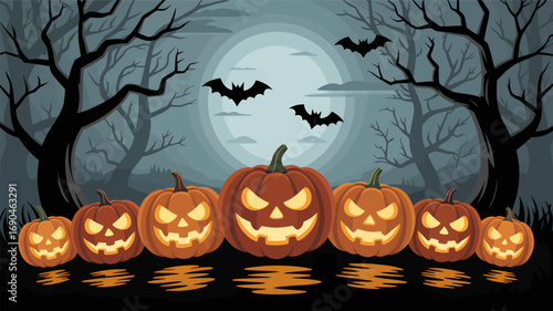 Spooky halloween night scene with glowing jack o lanterns in a dark forest under a full moon with flying bats silhouette
