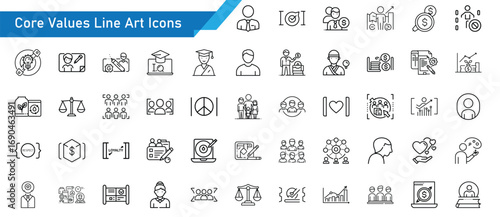 Core Values 50 Line Art Icon Set. Integrity, Honesty, Teamwork, Leadership, Responsibility, Creativity icon set