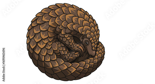 Illustration of a pangolin curled into a ball, showcasing its protective scales.