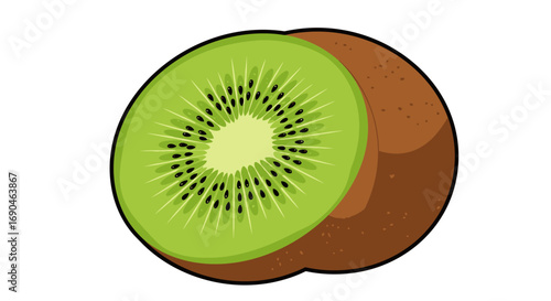 Illustration of a sliced kiwi fruit with green flesh and black seeds.