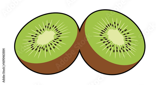 Two halves of a kiwi fruit, showing the green flesh and black seeds.